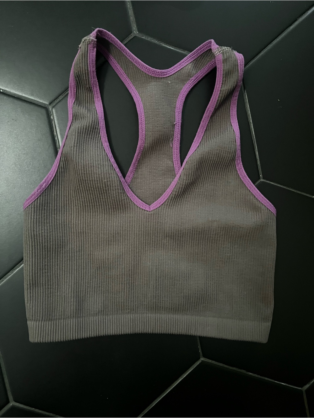 FP Movement by Free People free throw Gray umber Sports Bra with Purple Trim